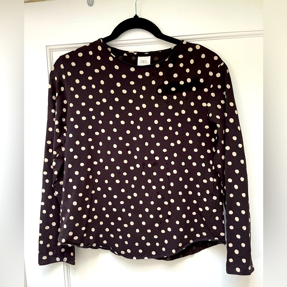 Girls Zara Kids, size 11-12, Brown & Cream Polka Dot Long Sleeve Top
